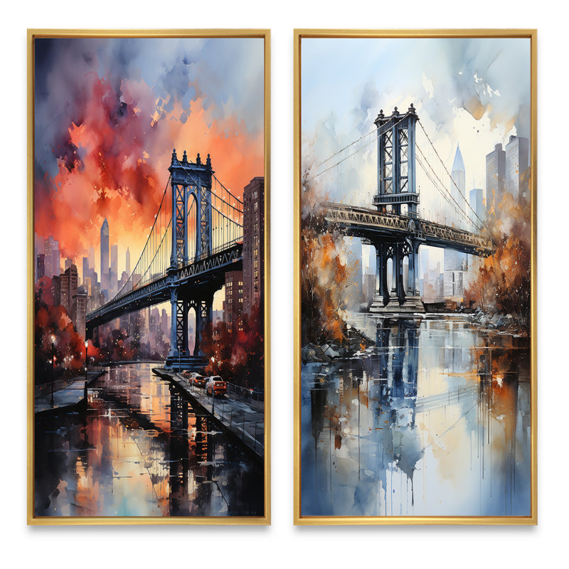 «Coral Bridge Urban Silhouettes», 2 pièces sur toile, Encadrement doré, H 32 po x l 32 po