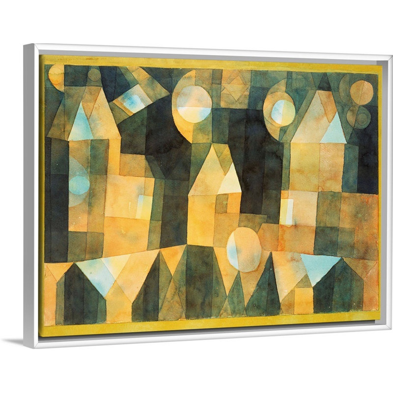 Trois maisons et un pont par Paul Klee - reproduction d'art sur toile, Cadre blanc, H 14 po x l 18 po x P 1,75 po