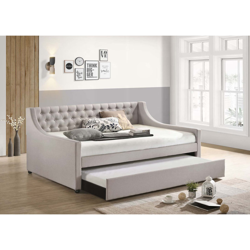 Lianna Fog Fabric Full Daybed with Twin Trundle, Stylish and Space-Saving Guest Room Solution, Full/Double