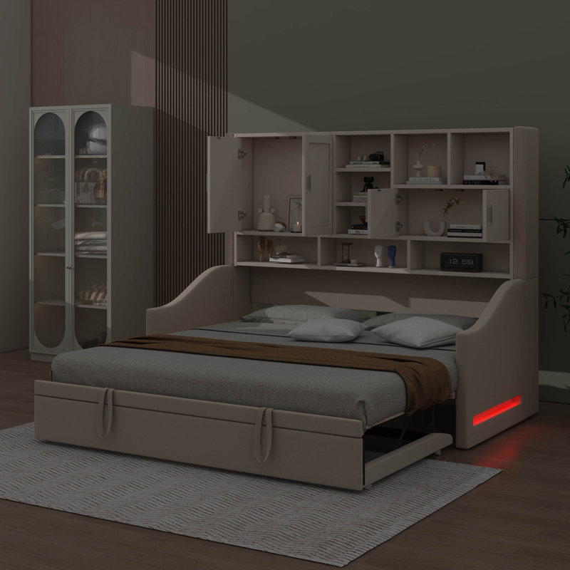 Twin Size Upholstered Daybed Featuring LED Armrest Lights, Built-In Storage Shelves & Cabinets, Beige