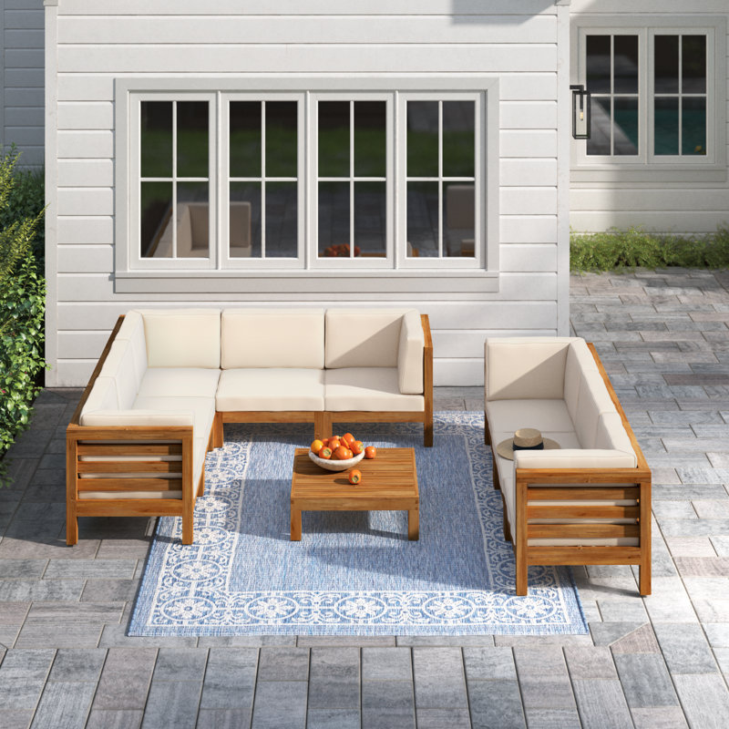 Ensemble de conversation modulaire avec coussins 9 pièces Ajanai, Structure teck / coussin beige