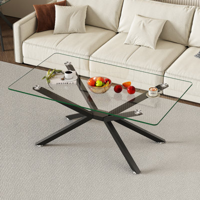 Table basse de 39,37 po rectangulaire en verre trempé transparent, design élégant avec pieds en métal noir, table basse de salon