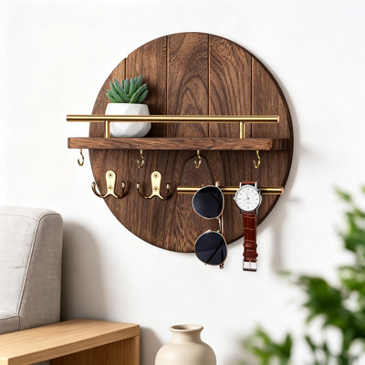 Wall Mounted Key Holder with Shelf, Wooden Mail Organizer for Entryway, Rustic Round Key Rack with Hooks, Decorative Key Hanger for Hallway and Kitchen