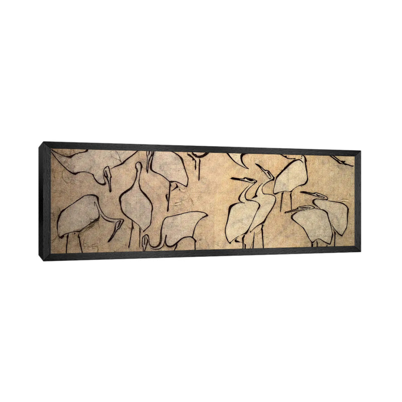 Cranes by Katsushika Hokusai - Panoramic Painting on Canvas, Black Framed, 30.48 cm H x 91.44 cm W