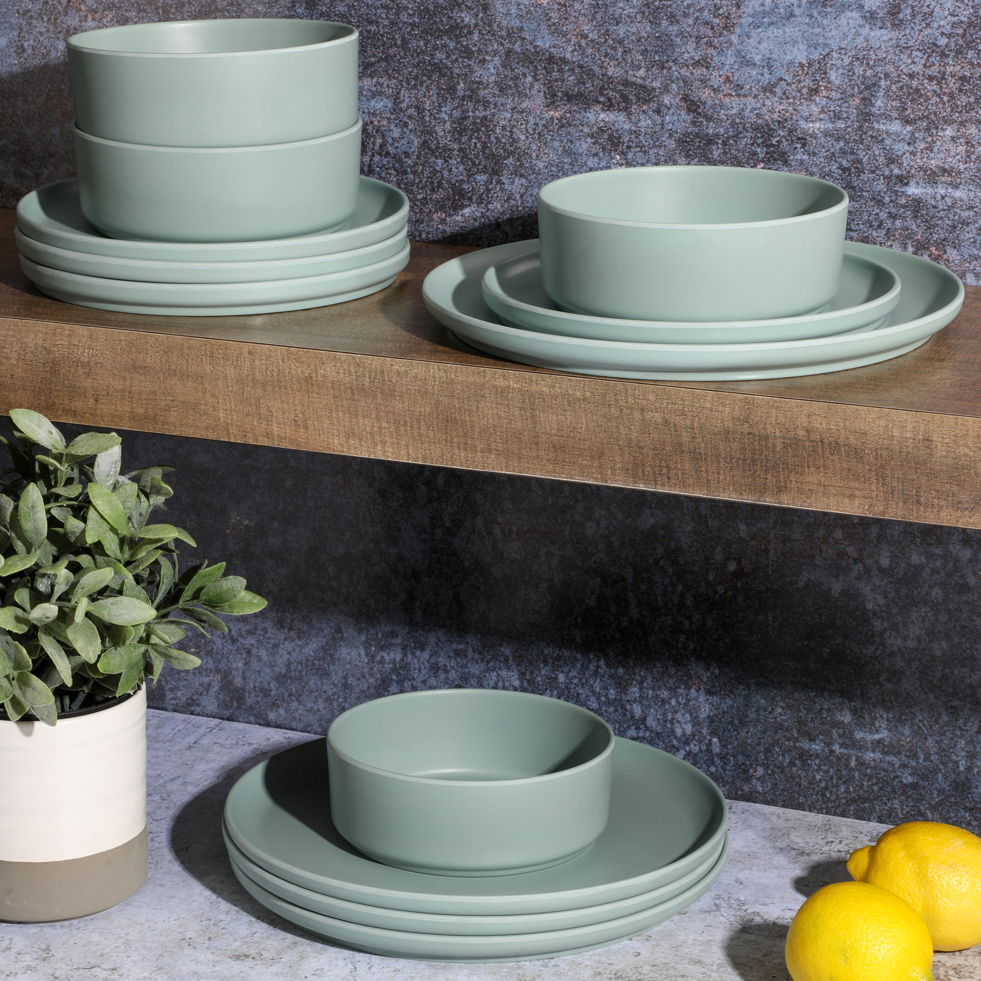 Gibson Home Canyon Crest 12-Piece Stackable Matte Melamine Dinnerware Set, Sage Green