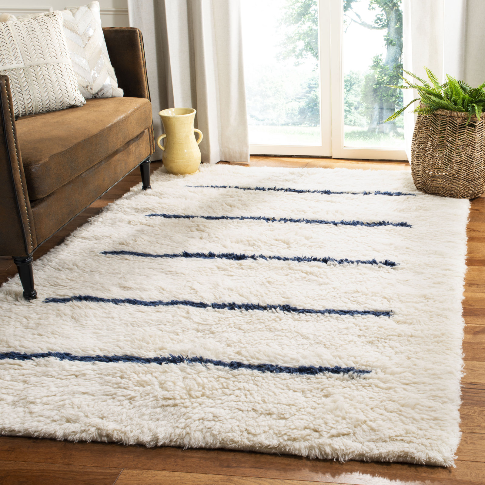 Mayer Ivory Navy Hand-Knotted Striped Wool Rug, Rectangle 4' x 6'