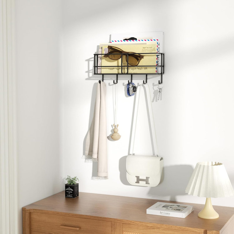 Porte-clés mural, organisateur de courrier mural avec panier de rangement en métal, porte-clés avec 5 crochets pour entrée, bureau, décoration intérieure, noir