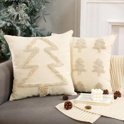2 housses de coussin de Noël beiges 18 x 18 pouces Boho Taie d'oreiller décorative blanc touffeté arbre Taie d'oreiller de Noël pour canapé canapé vacances chambre salon maison présente