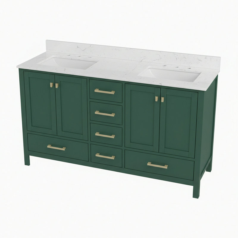 Meuble-lavabo 60 po, meuble-lavabo avec cadre en bois massif, comptoir autoportant avec 2 lavabos vert, Vert