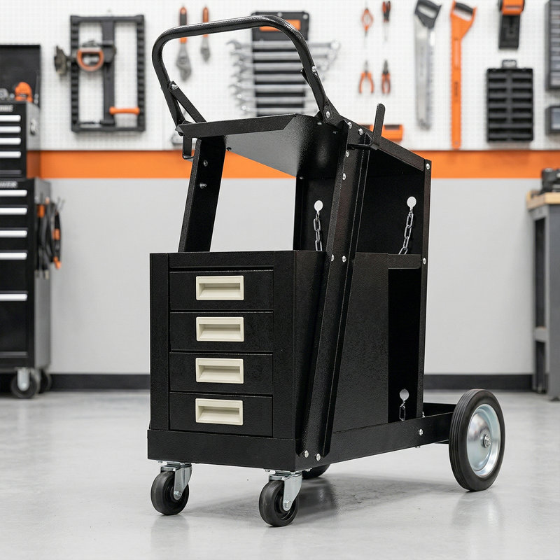 Chariot de soudage de qualité supérieure avec plateforme inclinée et tiroirs - Tablette de vérin à gaz et chaînes de sécurité