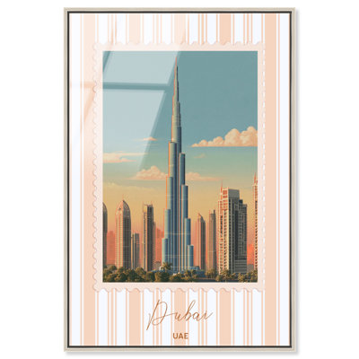 «Timbre de voyage à Dubaï», reproduction d'art acrylique sur affiche rétro par Art Remedy, cadre argenté, 16 x 24