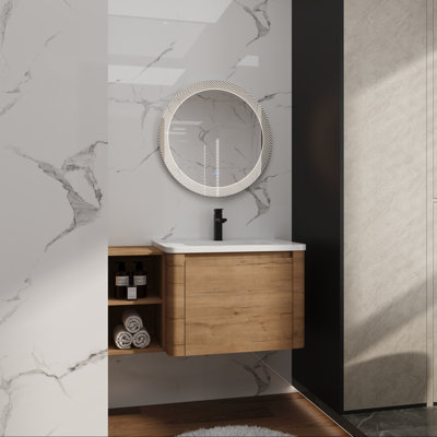 Wall Mounted Vanity with White Ceramic Sink, Shelf and Soft-Close Door