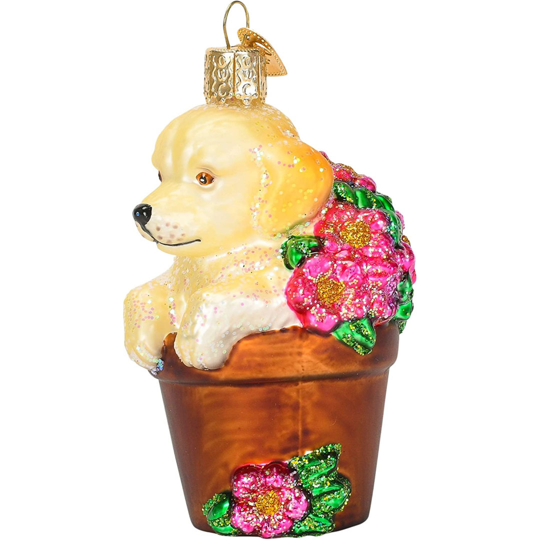 Puppy in Flower Pot Hanging Figurine Ornament Old World Christmas