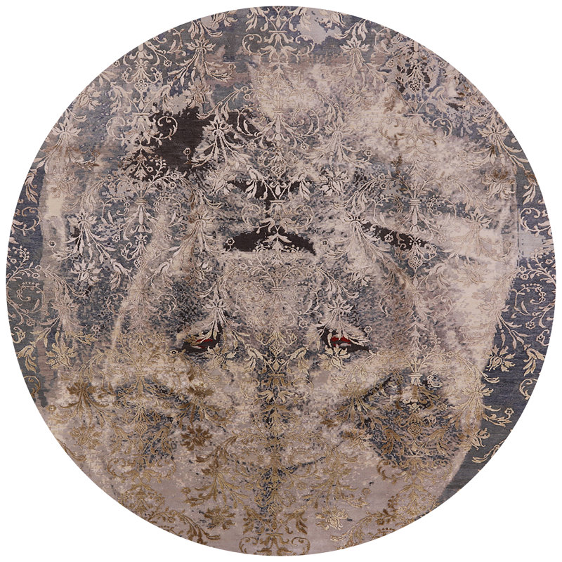 Tapis floral gris / ivoire, Rond 6 pi