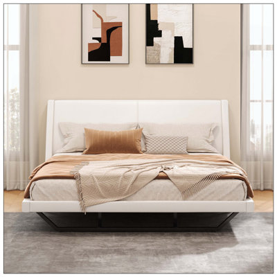 Upholstered Bed Frame With Pu Leather Platform, Wave-Like Curve Design, Trapezoidal-Shaped Leg And No Box Spring Needed