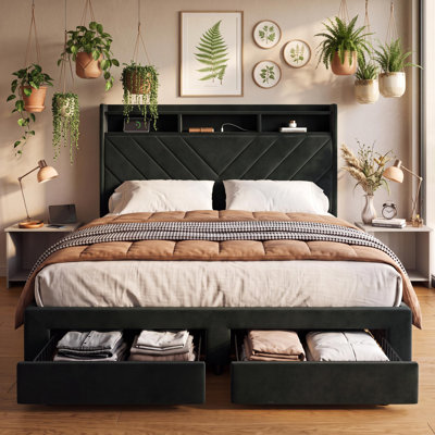 Queen Size Upholstered Bed Frame With Charging Station And 2 Storage Drawers, Velvet Padded 2-Tier Storage Headboard, No Box Spring Required, Easy Assembly For Bedroom Spaces, Black
