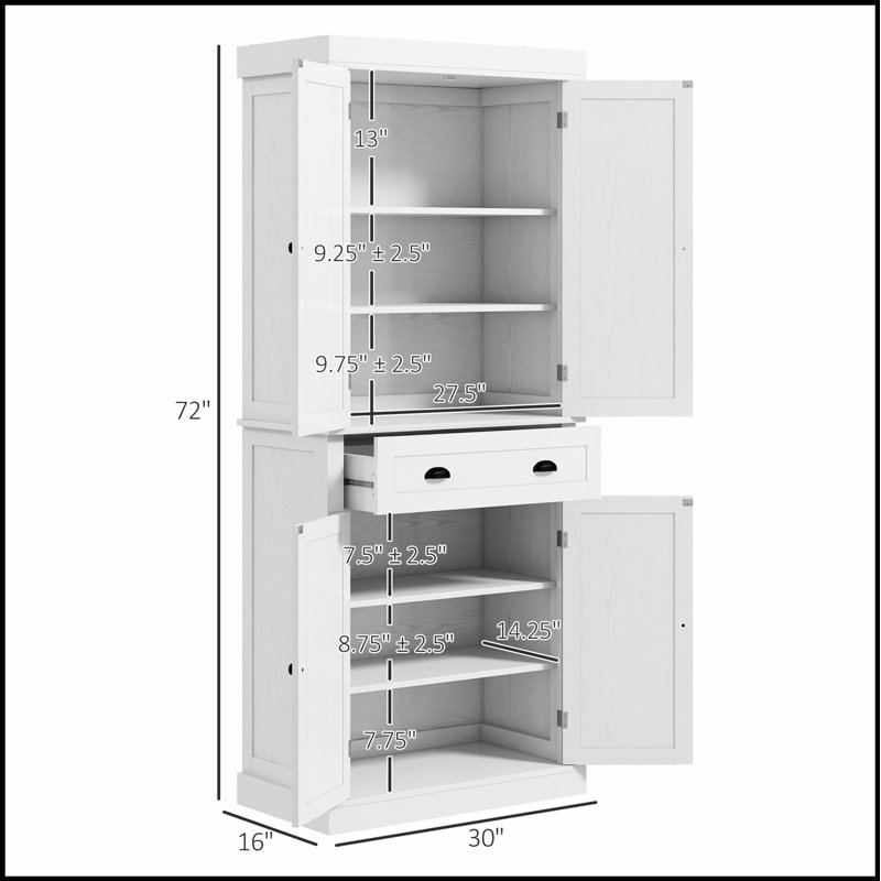Armoire de cuisine 72,5 ", armoire de rangement autoportante traditionnelle avec 4 portes, tiroir et 3 tablettes réglables pour salle à manger, grain de bois