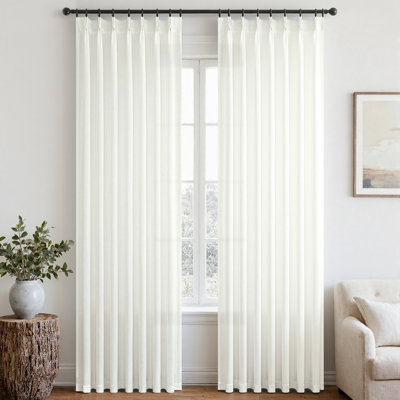 Pleated Linen Curtains, Semi Sheer Light Filtering Pinch Pleat with Hooks and Rings,Back Tab Drapes,Set of 2