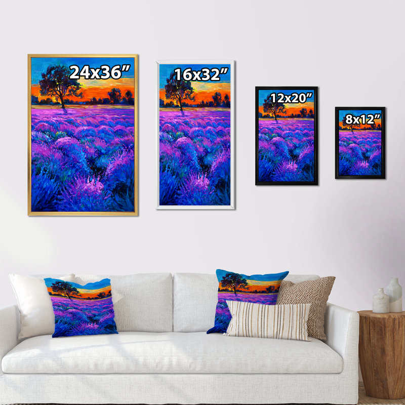 Champ de lavande mauve - œuvre d'art traditionnelle sur toile, H 32 po x l 16 po x P 1 po, Cadre flottant doré