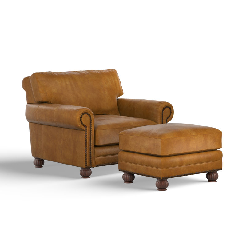 Charleston 52" Deeper and Wider 100% Full Top Grain Leather Chair and a Half with Ottoman, Legends Almond Genuine Leather