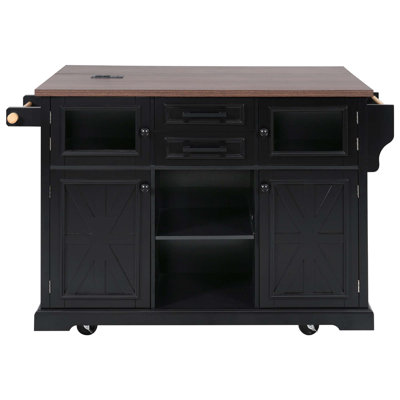 54.9-Inch Wide Farmhouse Kitchen Island With Drop Leaf, Charging Station, And Spacious Storage, Ideal For Modern And Rustic Kitchens