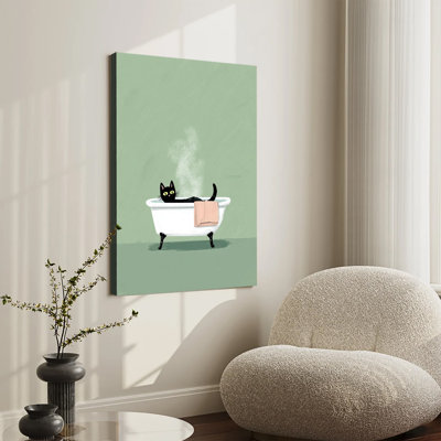 Minimalist Illustration Black Cat Bathing In Clawfoot Tub, Large Gallery Wrapped Canvas Wall Art Print For Living Room Bedroom