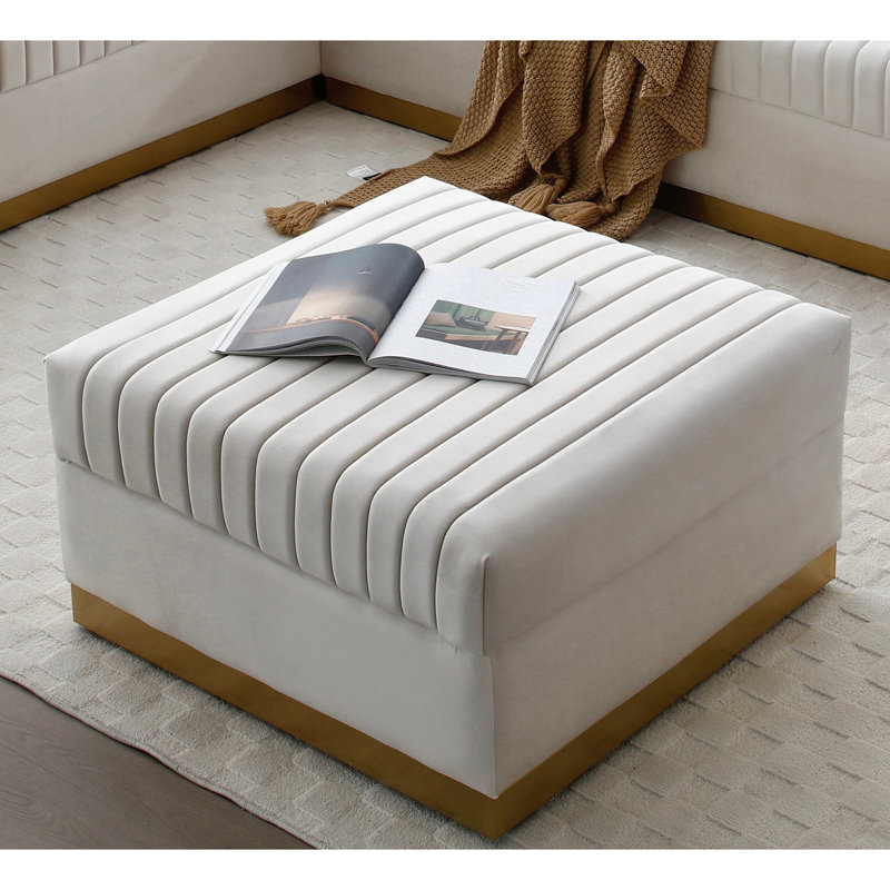 Repose-pieds rembourré en velours capitonné Contemporary, Beige