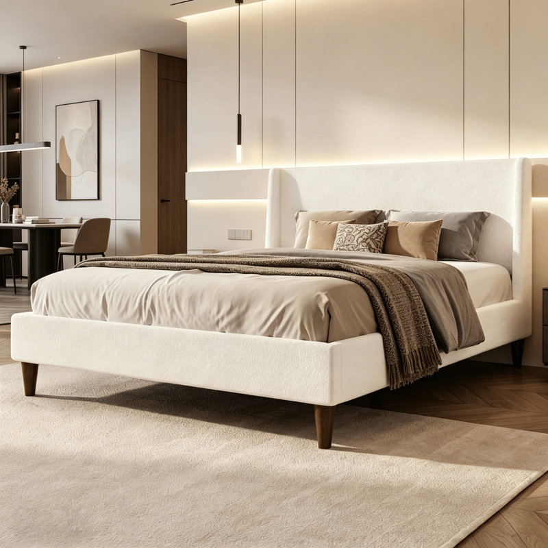 Upholstered Bed With Wingback Headboard, King, Ivory