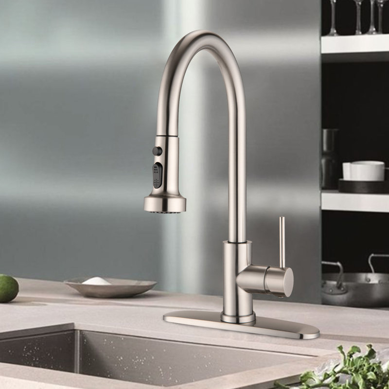 Robinet de cuisine rétractable en nickel brossé avec fabrication en acier inoxydable - Scratch, rouille, sans tache, bec rotatif à 360 °, résistance à l'écoulement de 1,8 gal / min, protégé, finition par points, pivotant
