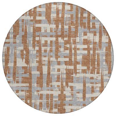 8' Rust Gray And Ivory Round Striped Washable Indoor Outdoor Area Rug
