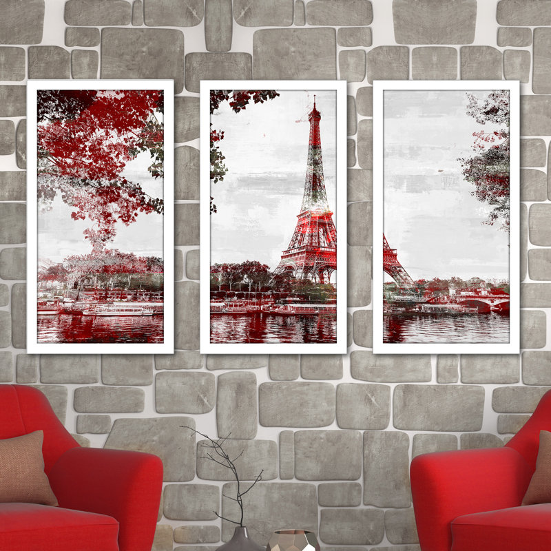 «Paris II», reproduction d'art graphique multi-pièces sur acrylique en rouge, H 33,5 po x l 52,5 po x P 1 po