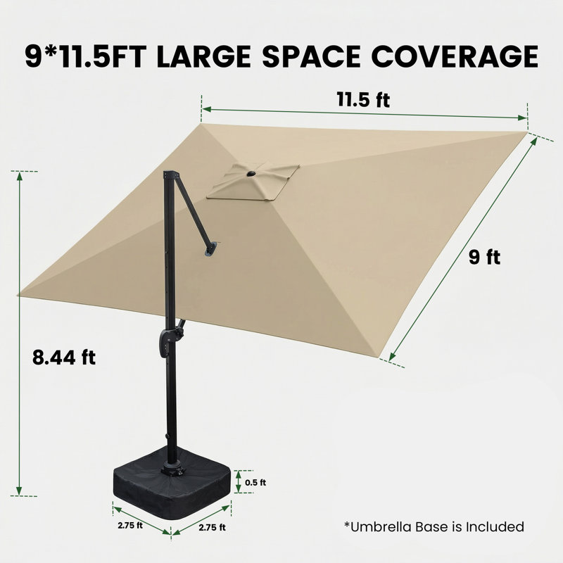 Olilawn 9' x 11.5' Rectangular Patio Umbrella with Base Included, Large Cantilever Offset Aluminum Umbrella - 360-Degree Rotation & Infinite Tilt, for Garden, Deck, Pool & Patio