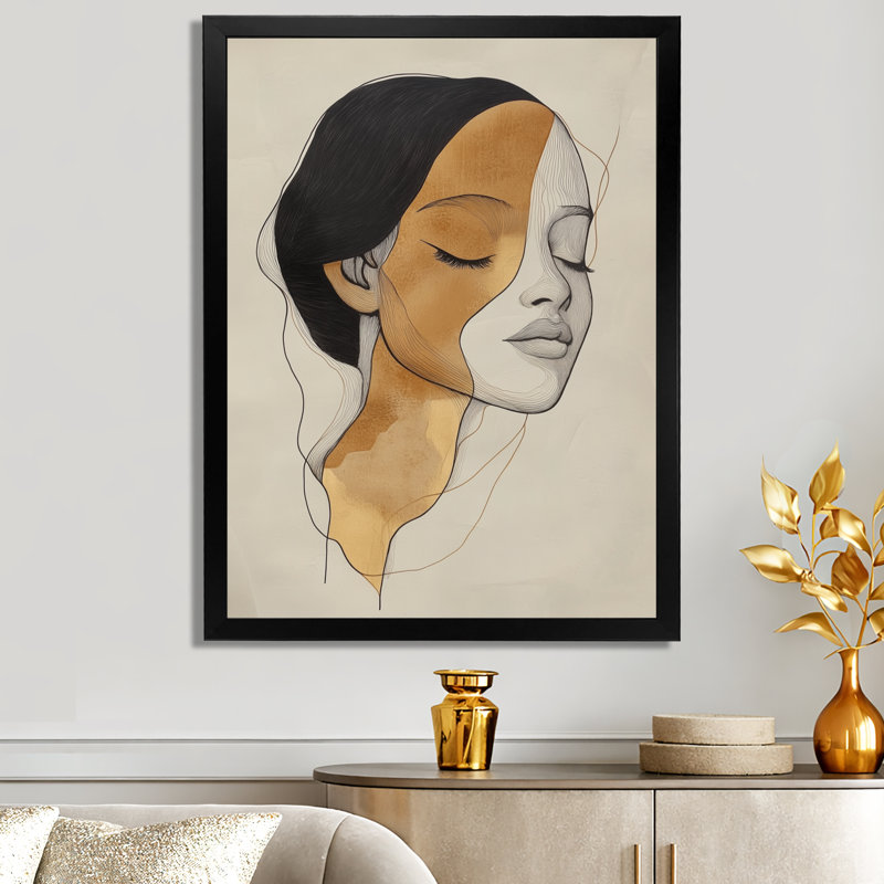 Figure en ligne II - Portrait moderne beige encadré, 20" H x 12" W, Cadre photo noir