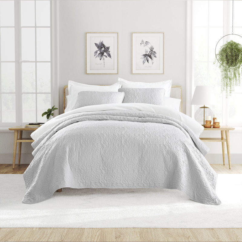 Ensemble de courtepointe Elegant Floral Stitching, Courtepointe simple + 1 taie décorative standard, Gris clair