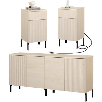 4 Pcs Bedroom Set,Reeded Dresser And Nightstand Sets For Bedroom, Wooden Dresser Set With Adjustable Shelves, Night Stand Of 2 With Charging Station by Ebern Designs