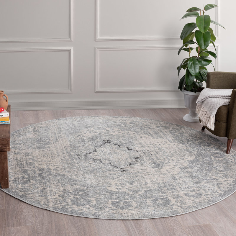 Crete Esmay Performance Gray Medallion Rug, Round 5'3"