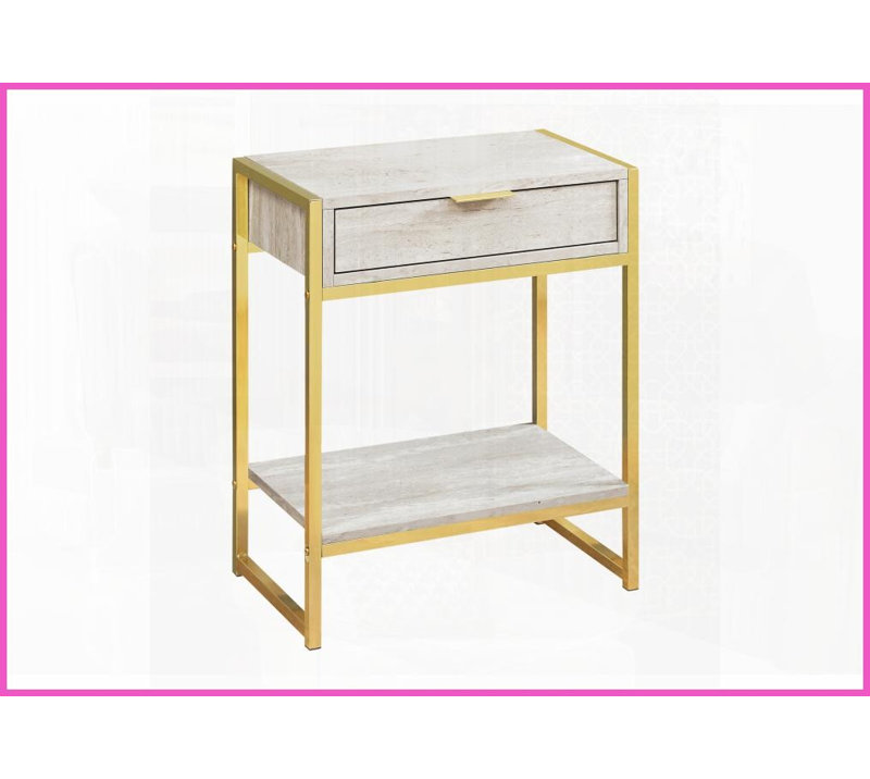 Spacious Beige Marble-Look Coffee Table with Gold Metal Drawer, Contemporary Living Room/ Bedroom Décor