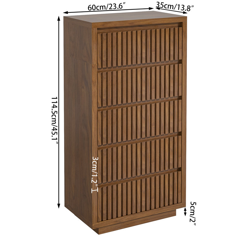 45.1"H × 23.6"W Fluted 5-Drawer Dresser, Single Drawer Storage Cabinet, Wooden Storage Organizer