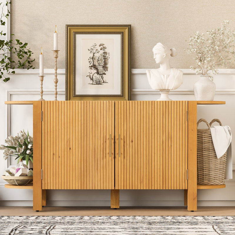 Buffet en bois avec tablettes, poignées en métal et armoire, Natural