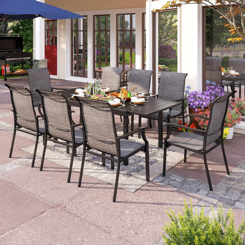 Ensemble de salle à manger 9 pièces pour dégagement à 8 pièces, table de patio et chaises avec table en acier extensible et très grandes chaises à accoudoirs à haut dossier pour patio, terrasse, cour