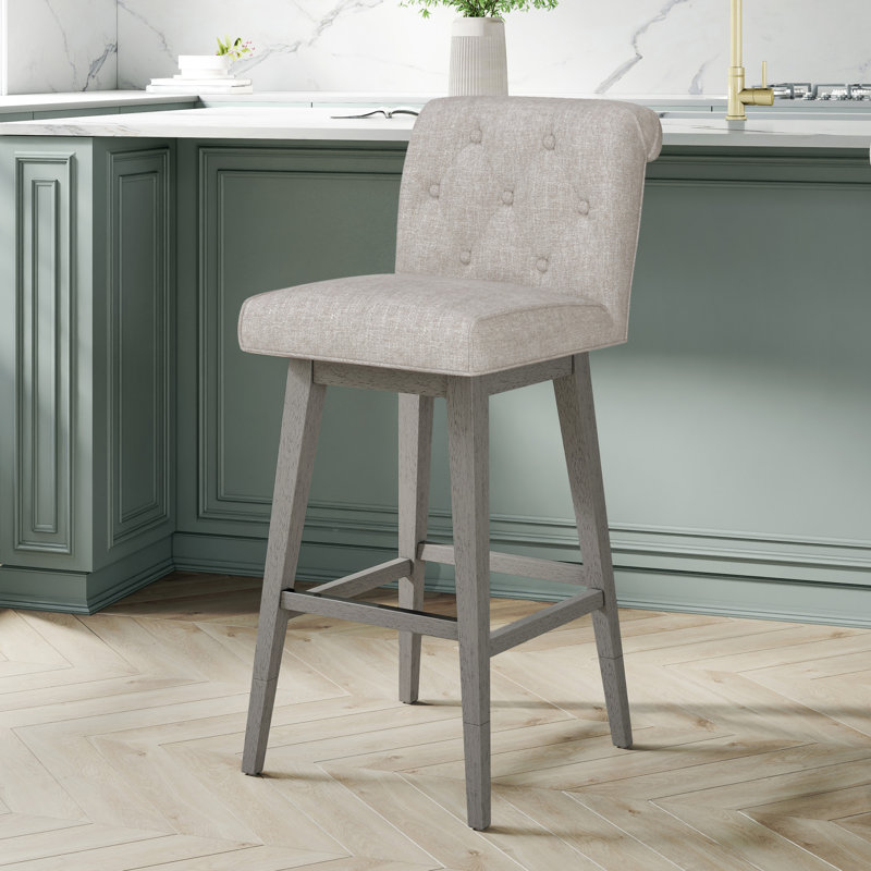 Tabouret pivotant à hauteur réglable en bois et capitonné Dorreen, Gruau, Gris délavé