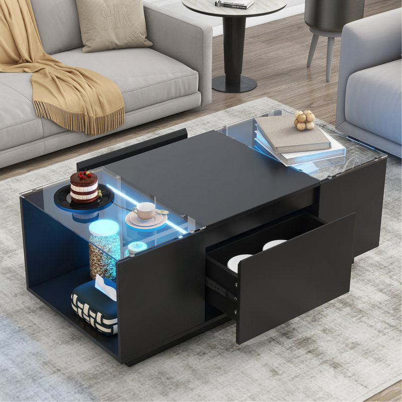 Table basse à DEL, centre de table moderne avec finition ultrabrillante et plateau en verre, table basse avec compartiment de rangement ouvert et 2 tiroirs cachés pour le salon