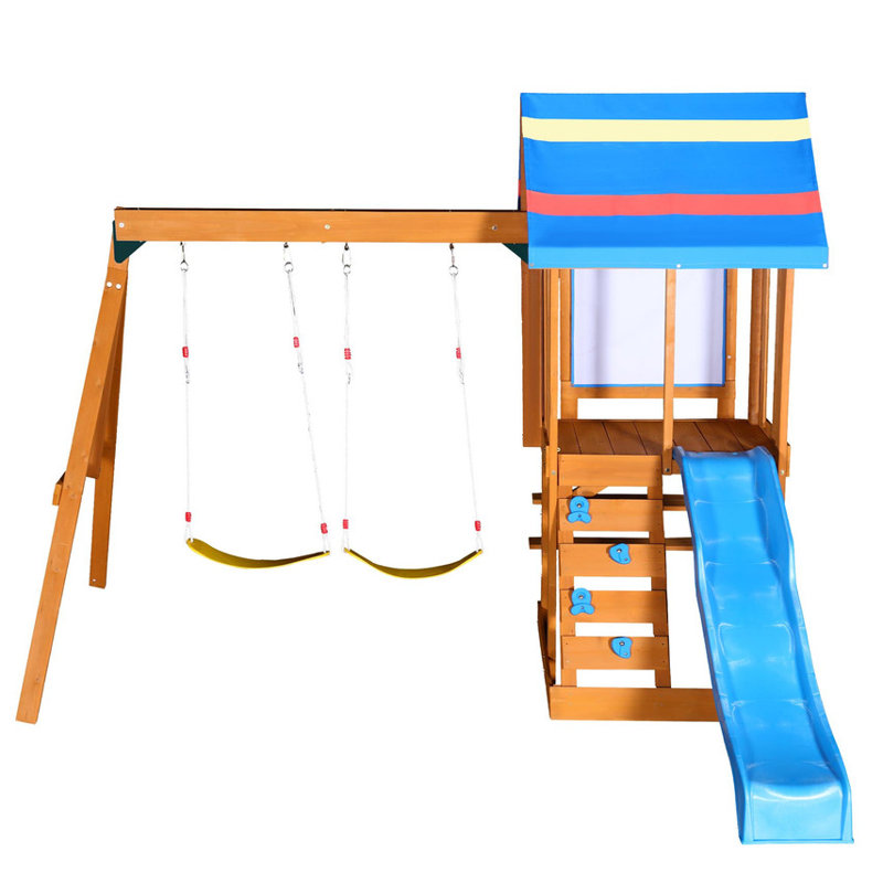 Ensemble de balançoires d'extérieur en bois 3 en 1 - Toboggan, 2 balançoires et grimpeur | Ensemble de jeu pour enfants