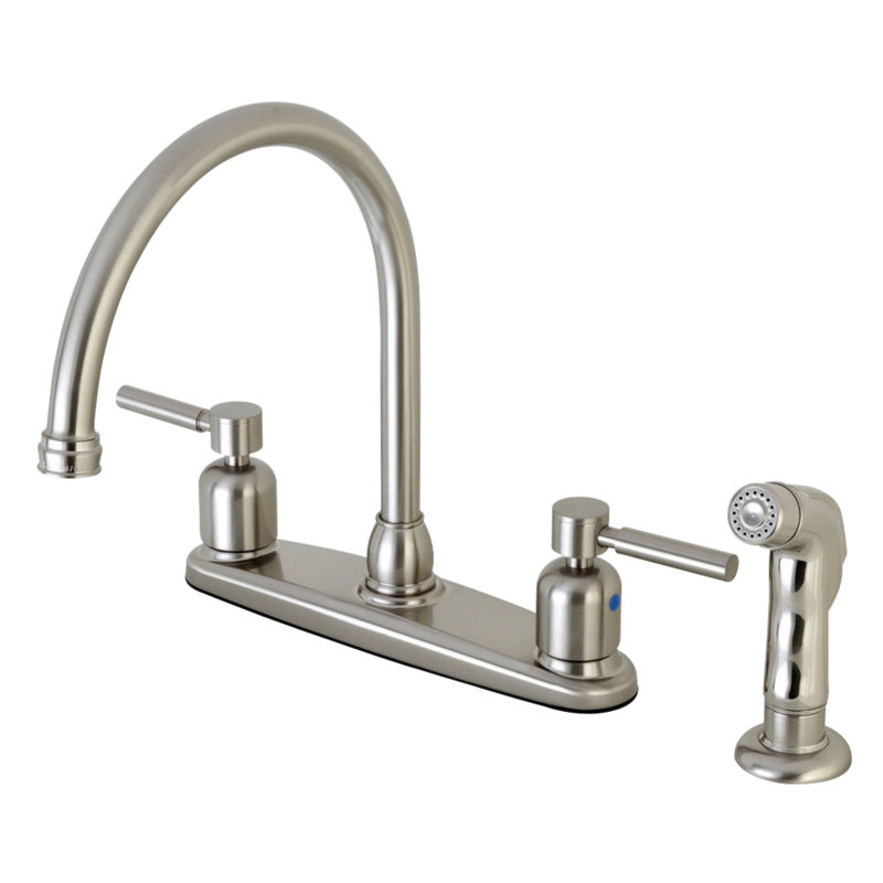 Kingston Brass Concord Two-Handle 4-Hole 8" Centerset Kitchen Faucet with Side Sprayer, Brushed Nickel