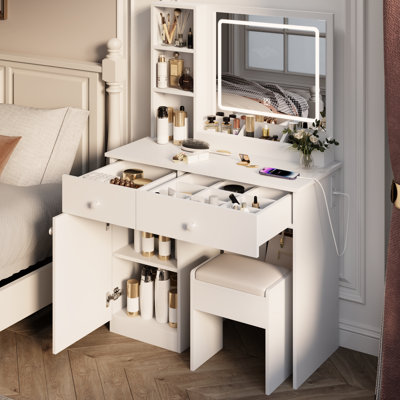 Stylish Elegant Vanity Desk With Lights - 3 Color Options, , White And Mirror Spacious Storage,