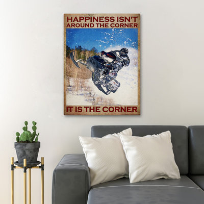 «Man Snowmobile On Snow - Happiness Is not Around The Corner», reproduction d'art graphique sur toile tendue 1 pièce