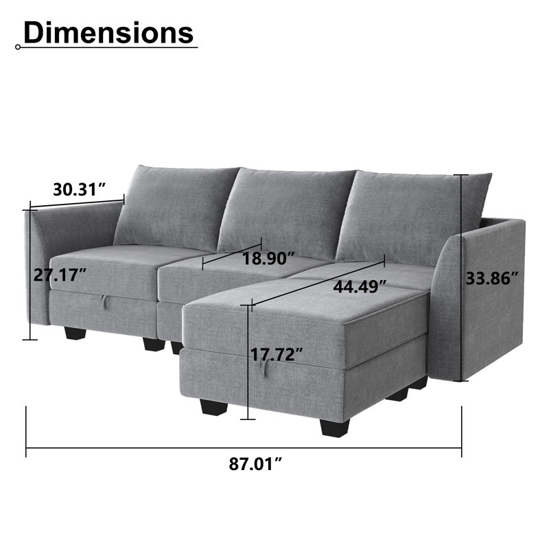 Canapé modulaire en L avec rangement Manusite, 100% polyester gris