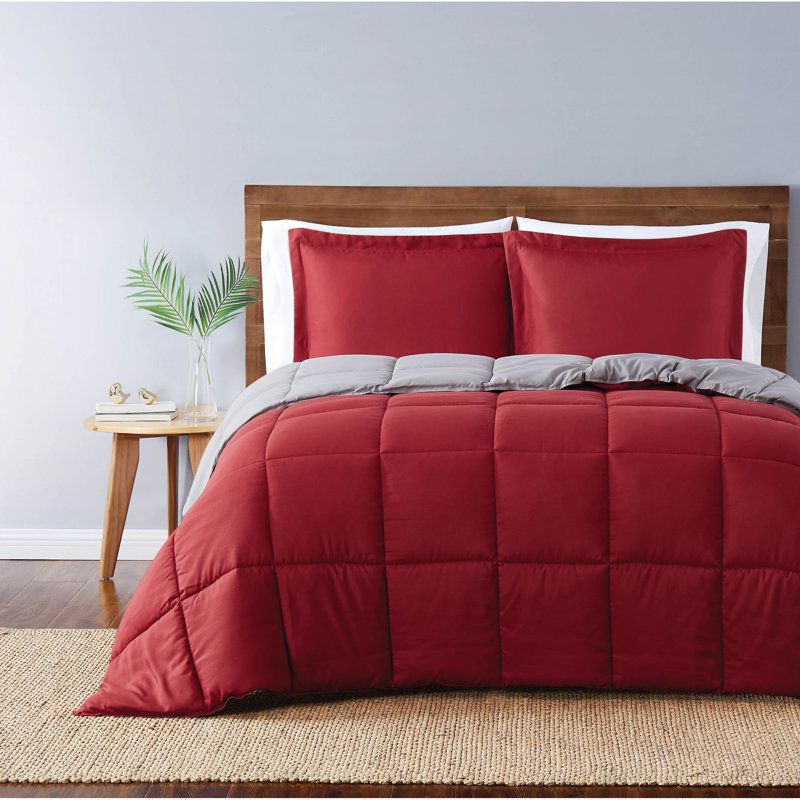 Everyday Polyester Baffle Box Stitch Comforter, Twin XL Comforter + 1 Standard Sham, Red/Gray