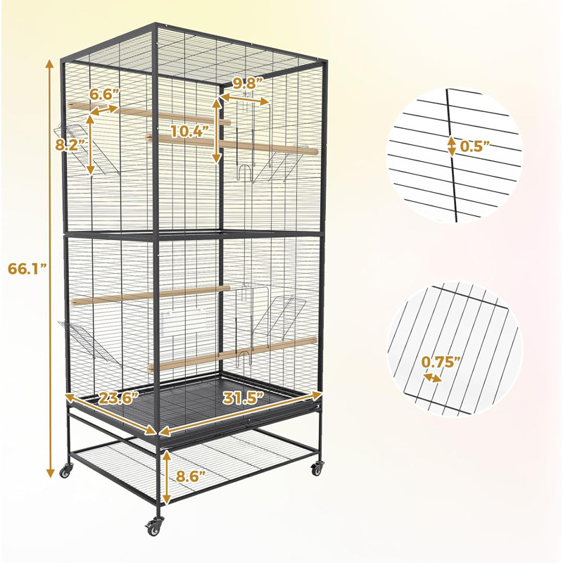 66 Inch Large Bird Cage, Metal Bird Cage with Rolling Stands, Feed Bowls, Wide Parrot Cage for Parakeets, Conures, Cockatiel, Cockatoo, Black