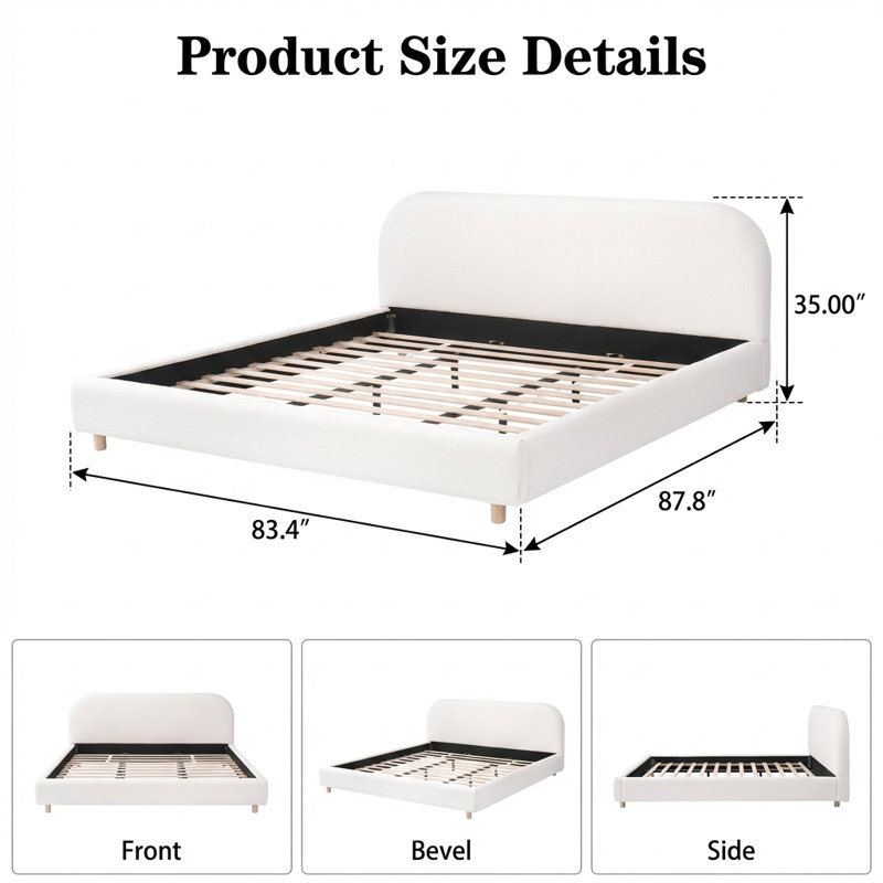 Très grand lit plateforme avec tête de lit courbée en tissu, structure rembourrée avec support en métal et lattes de bois